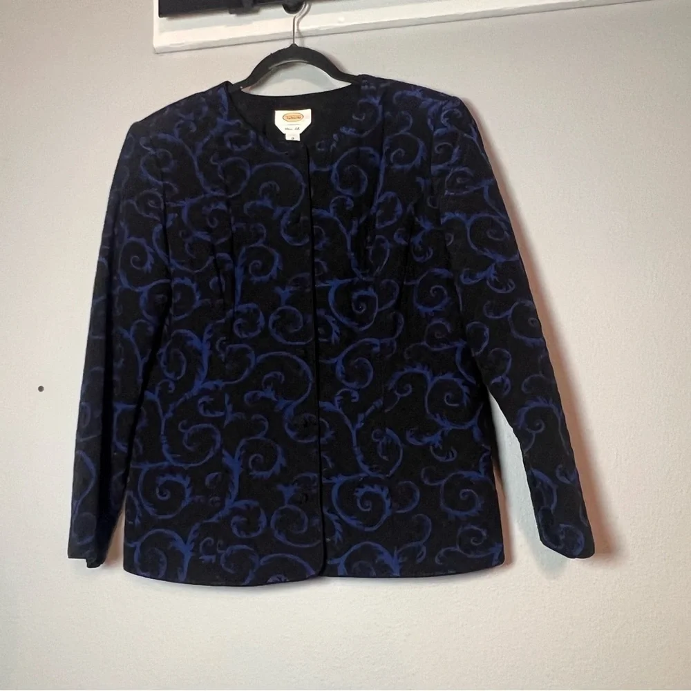 Talbots Quilted Blazer Jacket Button Up Blue Black Silk Swirl Size 14 Flaw